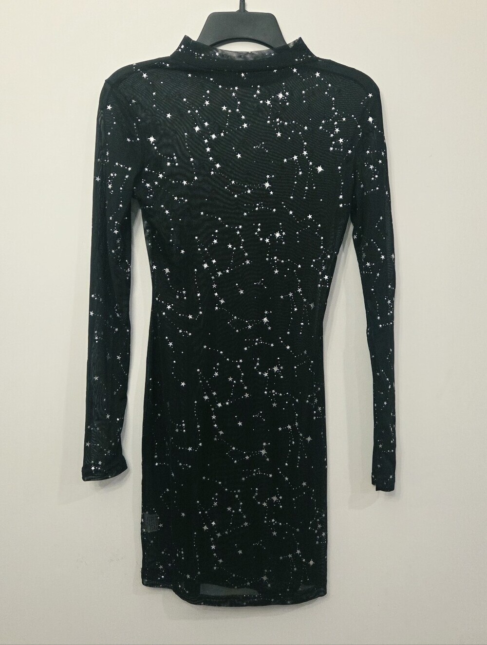 Sheer Black Star-Print Mini Dress with Long Sleeves Size Small